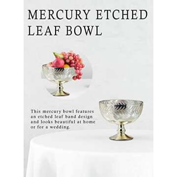 Serene Spaces Living Silver Etched Leaf Mercury Glass Bowl, Vintage Compote Bowl, Measures 7.5" Tall