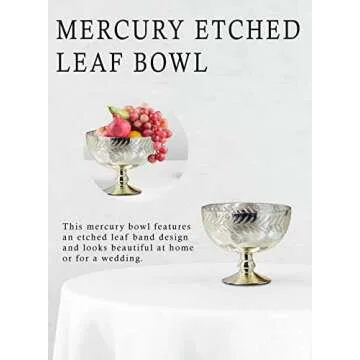 Serene Spaces Living Silver Etched Leaf Mercury Glass Bowl, Vintage Compote Bowl, Measures 7.5" Tall