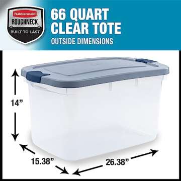 Rubbermaid Roughneck Clear 66 Qt/16.5 Gal Storage Containers, Pack of 4 with Latching Grey Lids, Vis...