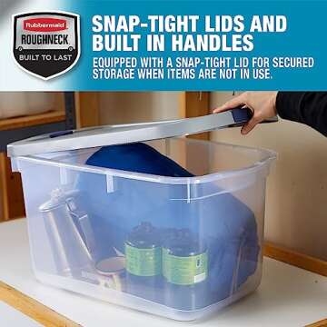 Rubbermaid Roughneck Clear 66 Qt/16.5 Gal Storage Containers, Pack of 4 with Latching Grey Lids, Visible Base, Sturdy and Stackable, Great for Storage and Organization