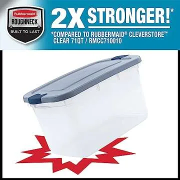 Rubbermaid Roughneck Clear 66 Qt/16.5 Gal Storage Containers, Pack of 4 with Latching Grey Lids, Visible Base, Sturdy and Stackable, Great for Storage and Organization