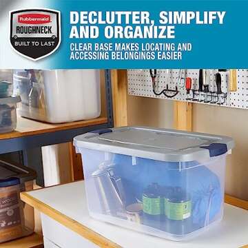 Rubbermaid Roughneck Clear 66 Qt/16.5 Gal Storage Containers, Pack of 4 with Latching Grey Lids, Visible Base, Sturdy and Stackable, Great for Storage and Organization