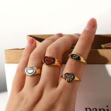 Personalized FUCK OFF Heart Band Ring Inspirational Middle Finger Tail Ring Titanium Steel Hypoallergenic Stacking Cool Dainty Fashion BFF Birthday Gifts for Women- size 7