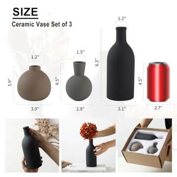 Ceramic Vase Set of 3, Vases Home Decor Rustic Vase Farmhouse Decor Vase Pottery Vases for Bouquet P...
