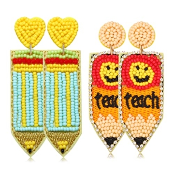 Boderier 2 Pairs Teacher Pencil Earrings Beaded Happy Face Pencil Drop Dangle Earrings Funny Teacher...
