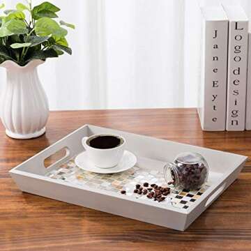 MyGift® Decorative Mirror & Stone Mosaic Tile Design Double Handle Beige Wooden Serving Tray/Platter