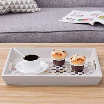 MyGift® Decorative Mirror & Stone Mosaic Tile Design Double Handle Beige Wooden Serving Tray/Platter