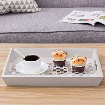 MyGift® Decorative Mirror & Stone Mosaic Tile Design Double Handle Beige Wooden Serving Tray/Platter