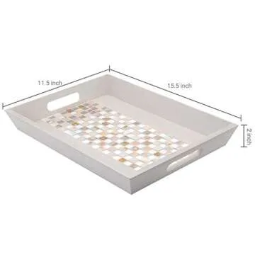 MyGift® Decorative Mirror & Stone Mosaic Tile Design Double Handle Beige Wooden Serving Tray/Platter