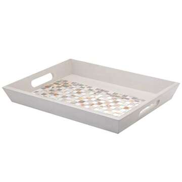 MyGift® Decorative Mirror & Stone Mosaic Tile Design Double Handle Beige Wooden Serving Tray/Platter