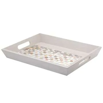 MyGift® Decorative Mirror & Stone Mosaic Tile Design Double Handle Beige Wooden Serving Tray/Platter