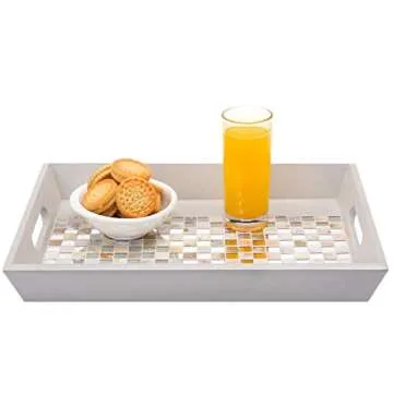 MyGift® Decorative Mirror & Stone Mosaic Tile Design Double Handle Beige Wooden Serving Tray/Platter