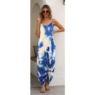 Long Dresses for Women with Pockets Sleeveless Boho Summer Dress with Pockets (XXL,Navy Blue Tie)