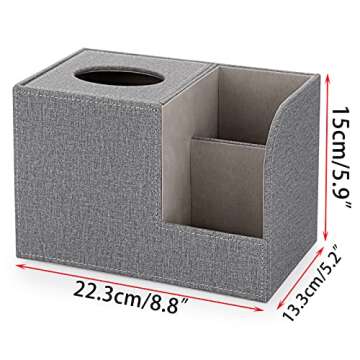 Sumnacon Square Linen Tissue Box Cover - Decorative Cube Tissue Box Holder with Side Organizer, Modern Tissue Box for Living Room Vanity Night Stand Table Countertop Office, Grey