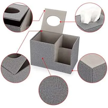 Sumnacon Square Linen Tissue Box Cover - Decorative Cube Tissue Box Holder with Side Organizer, Modern Tissue Box for Living Room Vanity Night Stand Table Countertop Office, Grey
