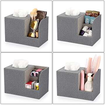 Sumnacon Square Linen Tissue Box Cover - Decorative Cube Tissue Box Holder with Side Organizer, Modern Tissue Box for Living Room Vanity Night Stand Table Countertop Office, Grey
