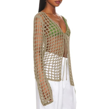 Saodimallsu Womens Long Sleeve Swimsuit Coverup Crochet Hollow Out Tie Front Swim Cover Up Knit Cardigan Khaki