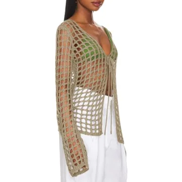 Saodimallsu Womens Long Sleeve Swimsuit Coverup Crochet Hollow Out Tie Front Swim Cover Up Knit Cardigan Khaki