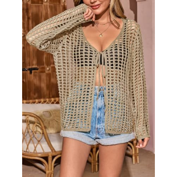 Saodimallsu Womens Long Sleeve Swimsuit Coverup Crochet Hollow Out Tie Front Swim Cover Up Knit Cardigan Khaki