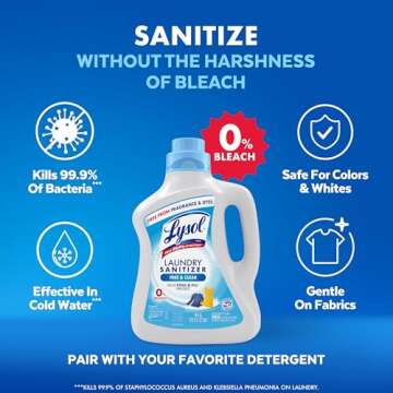 Lysol Laundry Sanitizer Additive, Free & Clear, Free from Fragrance and Dyes, 0% Bleach Laundry Sanitizer, Bacteria-causing Laundry Odor Eliminator, Unscented, 90 Fl Oz (Pack of 1) - Package May Vary