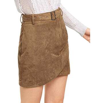 SheIn Women's Casual Solid Overlap Bodycon Faux Suede A-Line Short Skirt with Belt Medium Camel