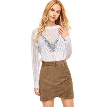 SheIn Women's Casual Solid Overlap Bodycon Faux Suede A-Line Short Skirt with Belt Medium Camel