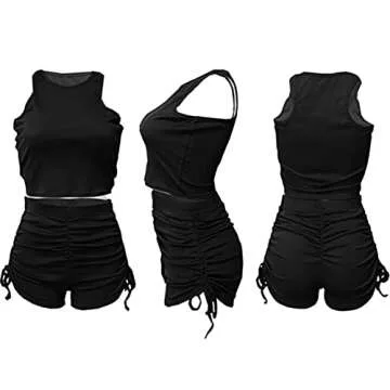 Summer Two Piece Outfits for Women, Casual Stretchy Ribbed Tank Crop Top Drawstring Ruched Shorts Set Workout Tracksuits (Black,L)