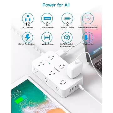 Extension Cord 10 Ft, Power Strip Surge Protector with 12 Outlets 4 USB Ports (2USB C), Large Desk P...