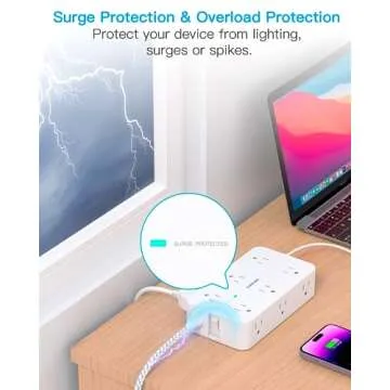 Extension Cord 10 Ft, Power Strip Surge Protector with 12 Outlets 4 USB Ports (2USB C), Large Desk Power Strip with Long Cord, Flat Plug, Wall Mount for Office Home College Dorm Room Essentials, White