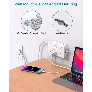 Extension Cord 10 Ft, Power Strip Surge Protector with 12 Outlets 4 USB Ports (2USB C), Large Desk Power Strip with Long Cord, Flat Plug, Wall Mount for Office Home College Dorm Room Essentials, White