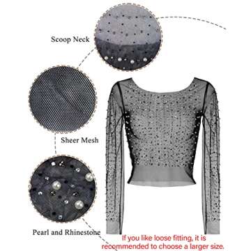 Women's Pearl Rhinestone See Through Long Sleeve Mesh Blouse One Piece Cover Up Halloween Festival Crop Top (Black, 8)