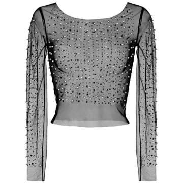 Women's Pearl Rhinestone See Through Long Sleeve Mesh Blouse One Piece Cover Up Halloween Festival Crop Top (Black, 8)