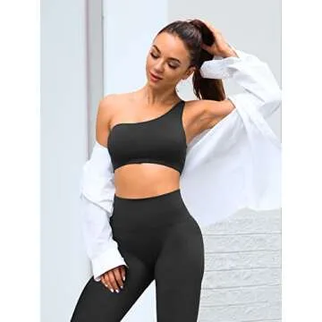 Sportneer Workout Sets for Women 2 Piece, Ribbed Seamless Cute One Shoulder Sports Bra and High Waisted Leggings Matching Gym Yoga Set Outfits Work Out Set Black M