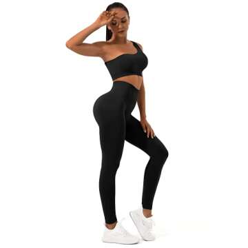 Sportneer Workout Sets for Women 2 Piece, Ribbed Seamless Cute One Shoulder Sports Bra and High Waisted Leggings Matching Gym Yoga Set Outfits Work Out Set Black M