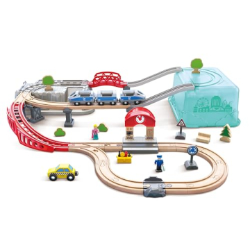 Hape City Railway and Train Bucket Set Toy - 48-Piece Wooden Set for Kids