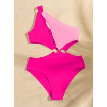 Hilinker Women's O-Ring Cutout Halter One Piece Swimsuit High Cut Bathing Suit Hot Pink Large