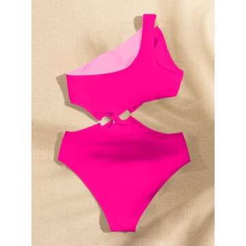 Hilinker Women's O-Ring Cutout Halter One Piece Swimsuit High Cut Bathing Suit Hot Pink Large