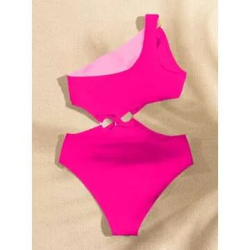 Hilinker Women's O-Ring Cutout Halter One Piece Swimsuit High Cut Bathing Suit Hot Pink Large