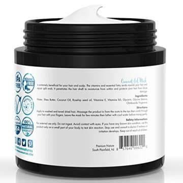 Coconut Oil Hair Mask Conditioner - Deep Conditioning Leave-In Hair Treatment for Dry Damaged Hair Care - 100% Natural Moisturizes Repairs Restores & Nourishes - Sulfate Free 8oz by Premium Nature
