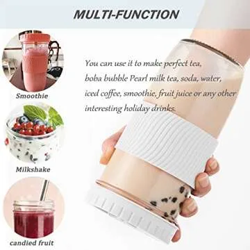 Amyoole 2 Pack Reusable Boba Cup,24Oz Wide Mouth Smoothie Cup,mason Jar Glass Cups with Lids and Straws,Bubble/Boba Tea Cups,Ice Coffee Tumbler 2 colored straws 1 sponge brush(White)