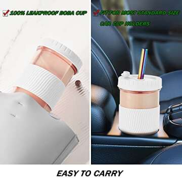 Amyoole 2 Pack Reusable Boba Cup,24Oz Wide Mouth Smoothie Cup,mason Jar Glass Cups with Lids and Straws,Bubble/Boba Tea Cups,Ice Coffee Tumbler 2 colored straws 1 sponge brush(White)