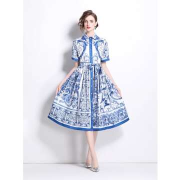 LAI MENG FIVE CATS Women's Midi Dress Floral Print Short Sleeve Button Down Casual Belted Dresses