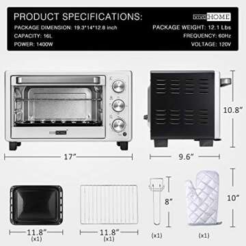 VIVOHOME 6-Slice Countertop Toaster Oven with Bake Pan, Broil Toasting Rack and Drag Hook, Oven Mitten Included, Stainless Steel, Silver