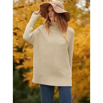 ANRABESS Women Oversized Turtleneck Long Batwing Sleeve Split Hem Pullover Knit Tunic Sweater Outfits 2024 Trendy Clothes Apricot Large