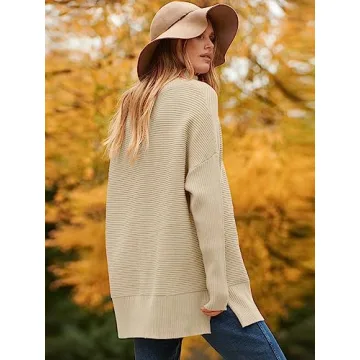 ANRABESS Women Oversized Turtleneck Long Batwing Sleeve Split Hem Pullover Knit Tunic Sweater Outfits 2024 Trendy Clothes Apricot Large