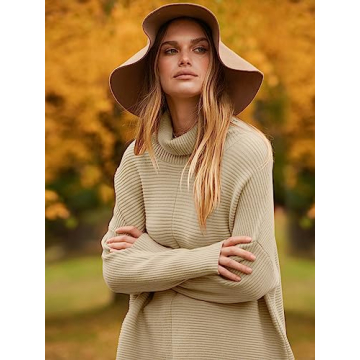 ANRABESS Women Oversized Turtleneck Long Batwing Sleeve Split Hem Pullover Knit Tunic Sweater Outfits 2024 Trendy Clothes Apricot Large