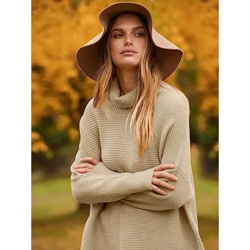 ANRABESS Women Oversized Turtleneck Long Batwing Sleeve Split Hem Pullover Knit Tunic Sweater Outfits 2024 Trendy Clothes Apricot Large