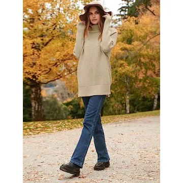 ANRABESS Women Oversized Turtleneck Long Batwing Sleeve Split Hem Pullover Knit Tunic Sweater Outfits 2024 Trendy Clothes Apricot Large