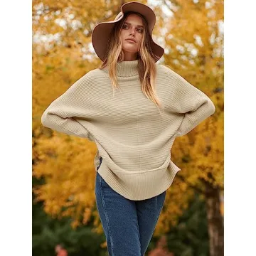 ANRABESS Women Oversized Turtleneck Long Batwing Sleeve Split Hem Pullover Knit Tunic Sweater Outfits 2024 Trendy Clothes Apricot Large