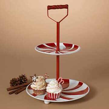 One Holiday Way 17-Inch Metal Two Tiered Red & White Candy Cane Christmas Serving Tray w/Handle – Decorative Cupcake Stand Serveware Party Platter Decoration – Winter Xmas Kitchen Dining Home Decor